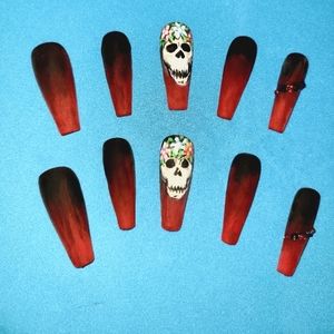 Sugar Skull Flame - hand painted - glue/press on nails